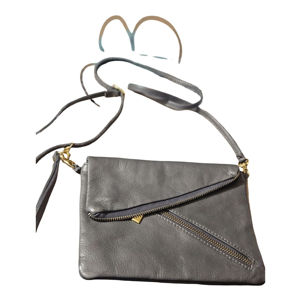Genuine Gray Leather Asymmetrical Foldover Crossbody Bag‎ Gold Hardware